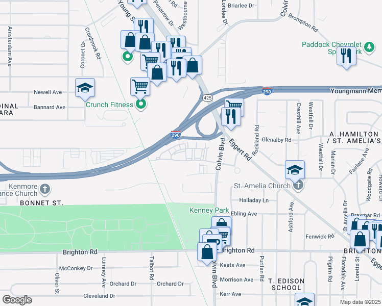 map of restaurants, bars, coffee shops, grocery stores, and more near 21 Embassy Square in Tonawanda