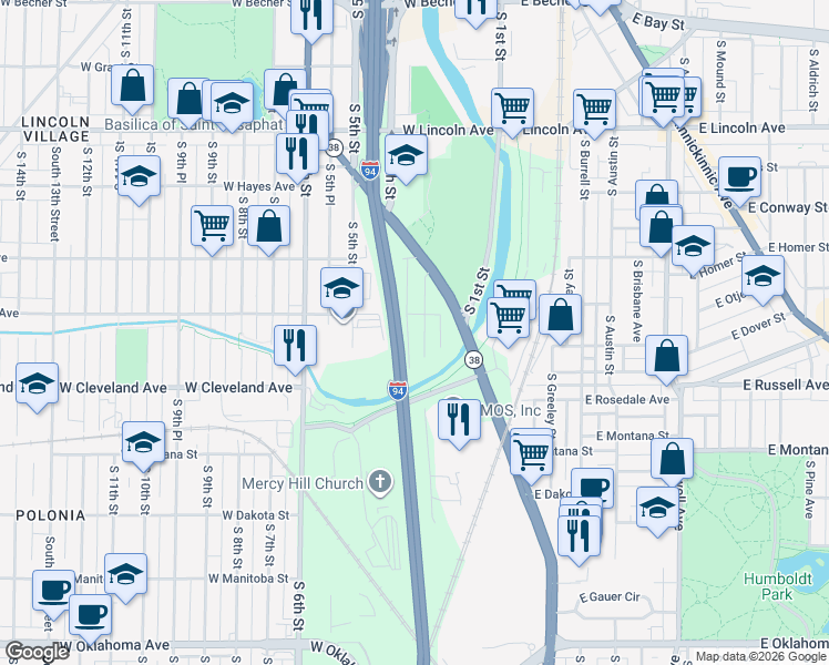 map of restaurants, bars, coffee shops, grocery stores, and more near 2690 South 4th Street in Milwaukee