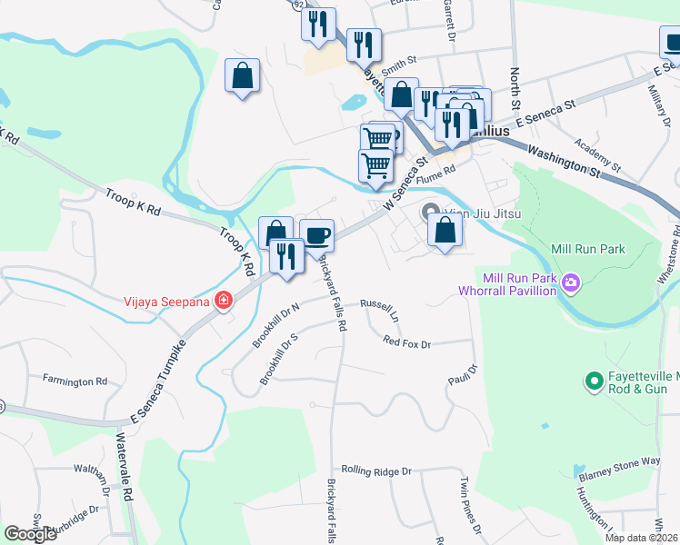 map of restaurants, bars, coffee shops, grocery stores, and more near 4664 Brickyard Falls Road in Manlius