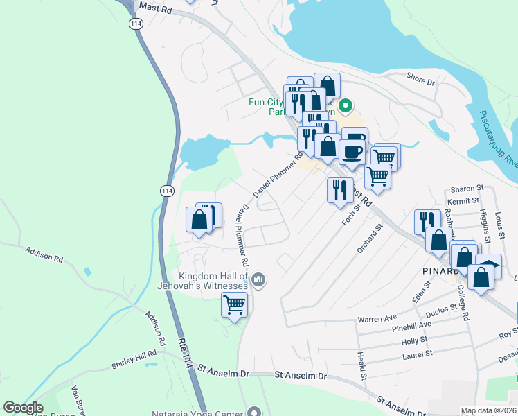 map of restaurants, bars, coffee shops, grocery stores, and more near 54 Daniel Plummer Road in Goffstown