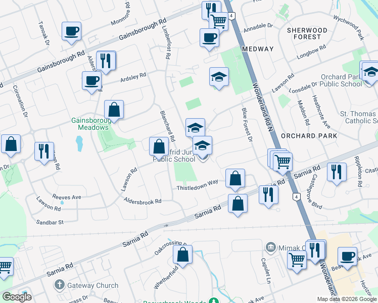 map of restaurants, bars, coffee shops, grocery stores, and more near 974 Lawson Road in London