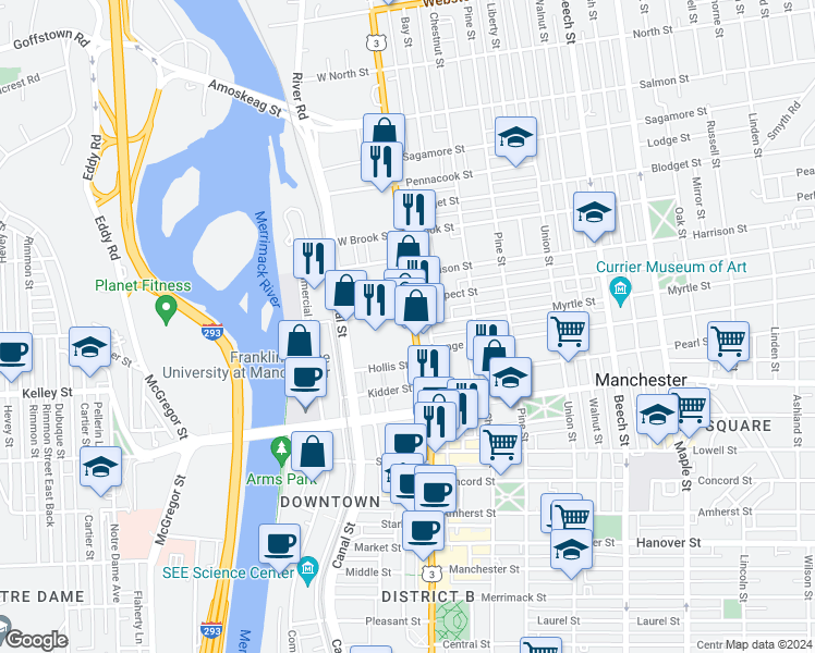 map of restaurants, bars, coffee shops, grocery stores, and more near 1346 Elm Street in Manchester