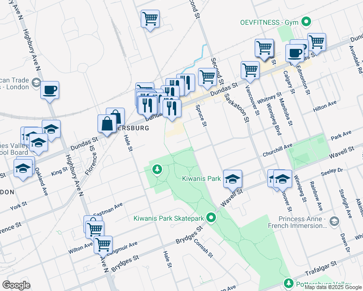 map of restaurants, bars, coffee shops, grocery stores, and more near 1563 Allen Place in London