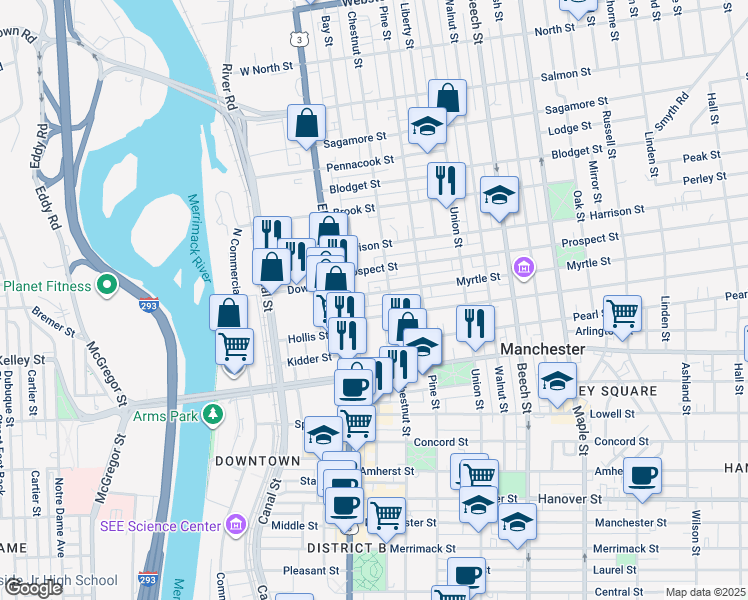 map of restaurants, bars, coffee shops, grocery stores, and more near 65 Myrtle Street in Manchester