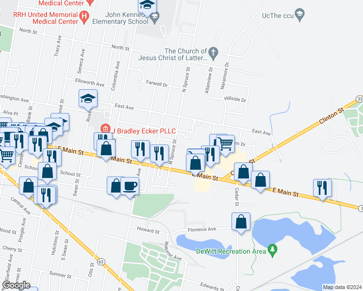 map of restaurants, bars, coffee shops, grocery stores, and more near 541 East Main Street in Batavia