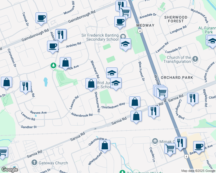 map of restaurants, bars, coffee shops, grocery stores, and more near 974 Lawson Road in London