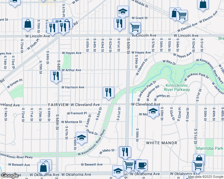 map of restaurants, bars, coffee shops, grocery stores, and more near 2576 South 62nd Street in Milwaukee
