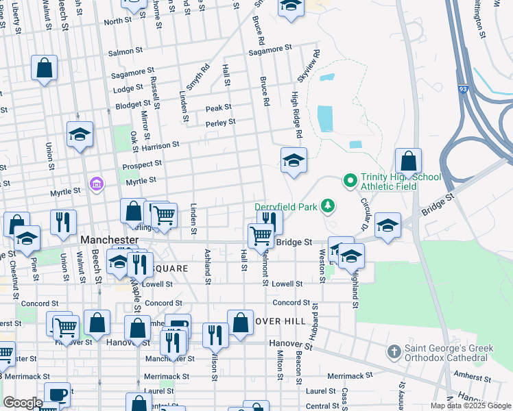 map of restaurants, bars, coffee shops, grocery stores, and more near 771 Belmont Street in Manchester