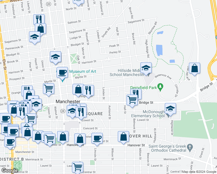 map of restaurants, bars, coffee shops, grocery stores, and more near 47 Linden Street in Manchester