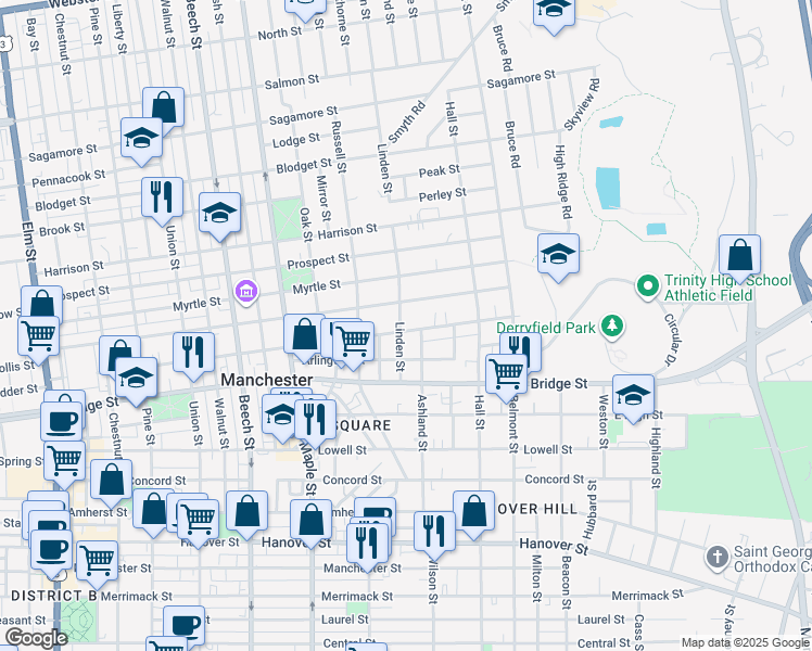 map of restaurants, bars, coffee shops, grocery stores, and more near 47 Linden Street in Manchester