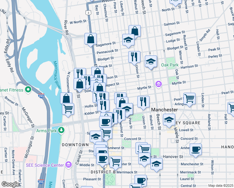 map of restaurants, bars, coffee shops, grocery stores, and more near 84 Myrtle Street in Manchester