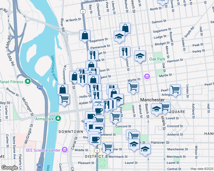 map of restaurants, bars, coffee shops, grocery stores, and more near 84 Myrtle Street in Manchester