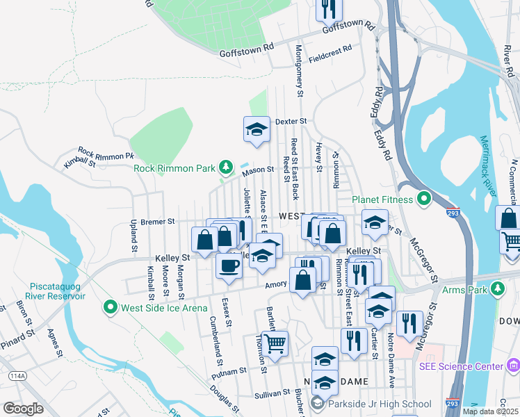 map of restaurants, bars, coffee shops, grocery stores, and more near 204 Alsace Street in Manchester