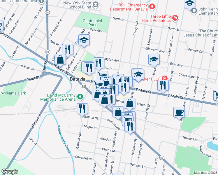 map of restaurants, bars, coffee shops, grocery stores, and more near 99 New York 5 in Batavia