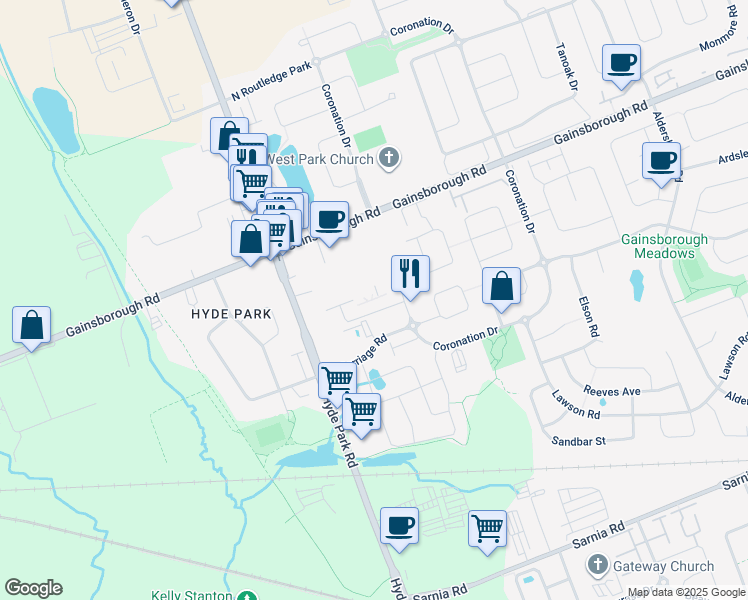 map of restaurants, bars, coffee shops, grocery stores, and more near 1503 Hyde Park Road in London