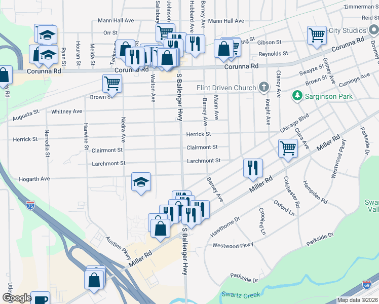 map of restaurants, bars, coffee shops, grocery stores, and more near 3526 Clairmont Street in Flint