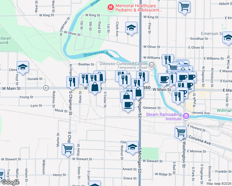 map of restaurants, bars, coffee shops, grocery stores, and more near 114 South Howell Street in Owosso