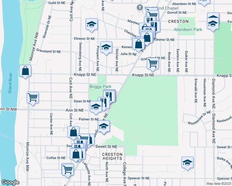 map of restaurants, bars, coffee shops, grocery stores, and more near 417 Hoover Street Northeast in Grand Rapids