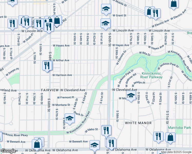 map of restaurants, bars, coffee shops, grocery stores, and more near 2576 South 62nd Street in Milwaukee
