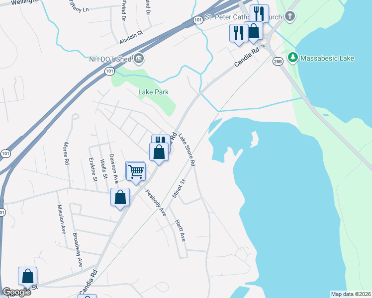 map of restaurants, bars, coffee shops, grocery stores, and more near 1745 Candia Road in Manchester