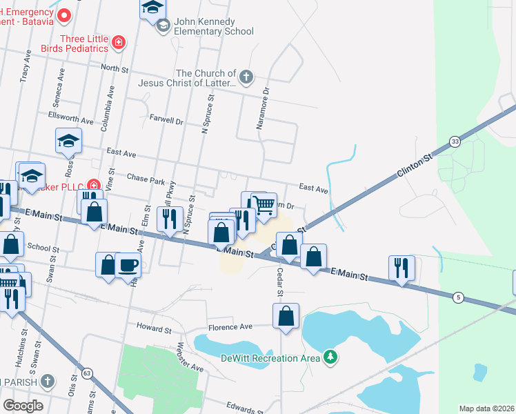 map of restaurants, bars, coffee shops, grocery stores, and more near 2 Fordham Drive in Batavia