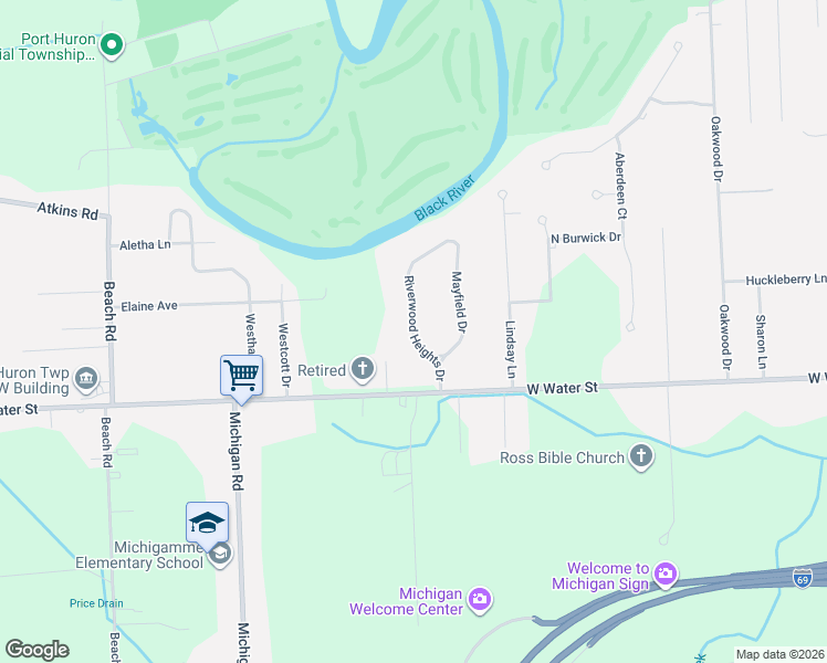 map of restaurants, bars, coffee shops, grocery stores, and more near 3045 Riverwood Heights Drive in Port Huron