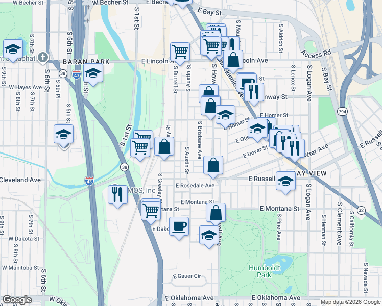 map of restaurants, bars, coffee shops, grocery stores, and more near 2567 South Brisbane Avenue in Milwaukee