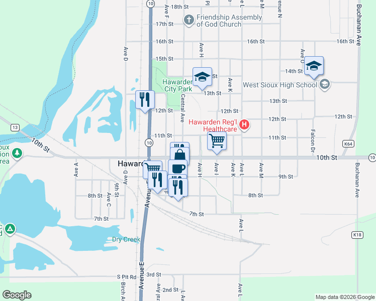 map of restaurants, bars, coffee shops, grocery stores, and more near 714 11th Street in Hawarden