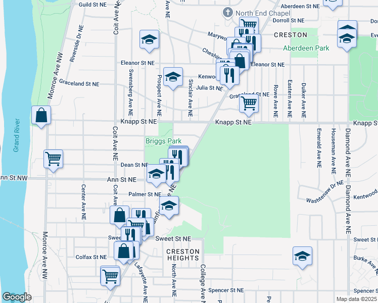 map of restaurants, bars, coffee shops, grocery stores, and more near 417 Hoover Street Northeast in Grand Rapids