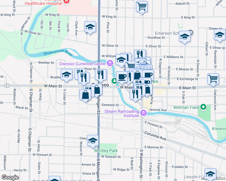 map of restaurants, bars, coffee shops, grocery stores, and more near 120 Michigan Avenue in Owosso