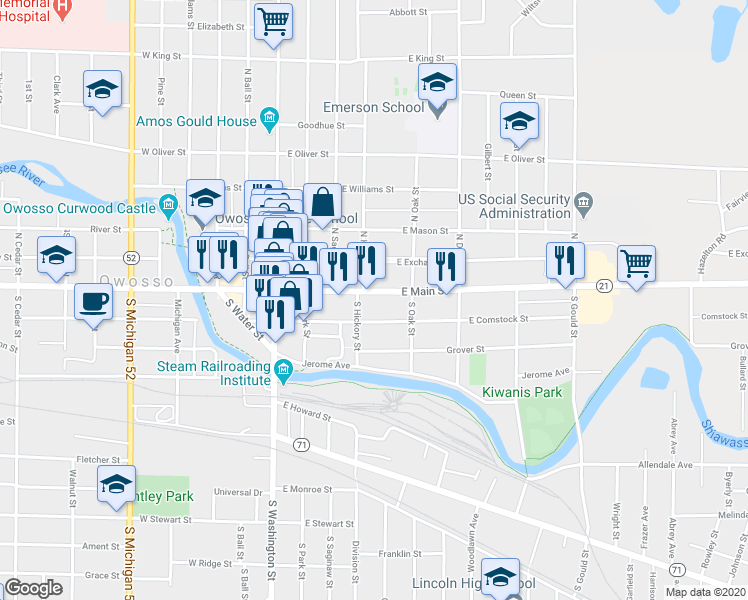 map of restaurants, bars, coffee shops, grocery stores, and more near 412 East Main Street in Owosso