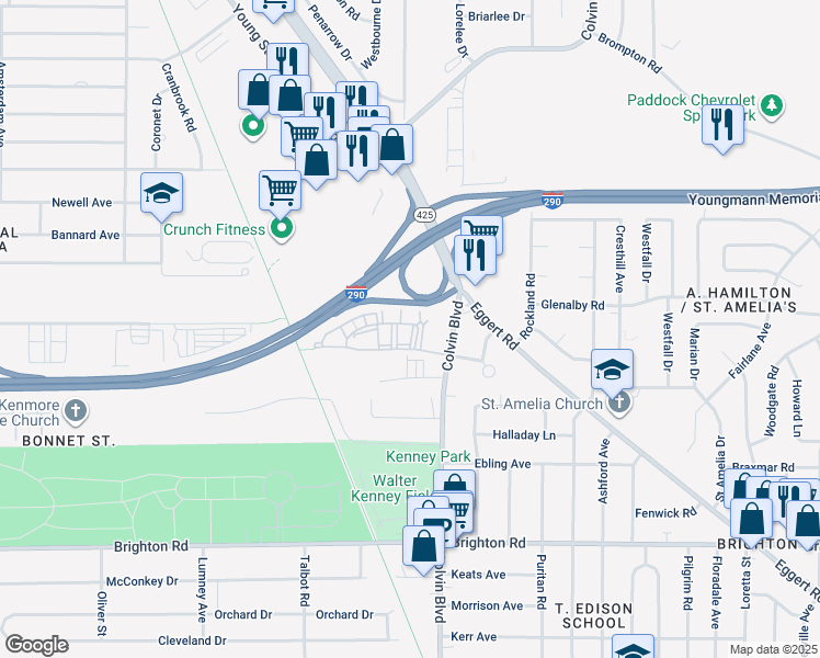 map of restaurants, bars, coffee shops, grocery stores, and more near 5 Embassy Square in Tonawanda