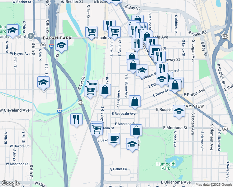 map of restaurants, bars, coffee shops, grocery stores, and more near 2571 South Austin Street in Milwaukee
