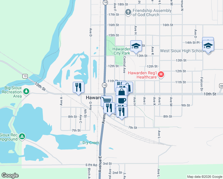 map of restaurants, bars, coffee shops, grocery stores, and more near 1017 Avenue F in Hawarden