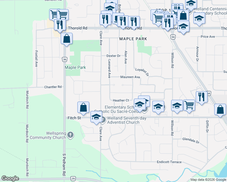 map of restaurants, bars, coffee shops, grocery stores, and more near in Welland