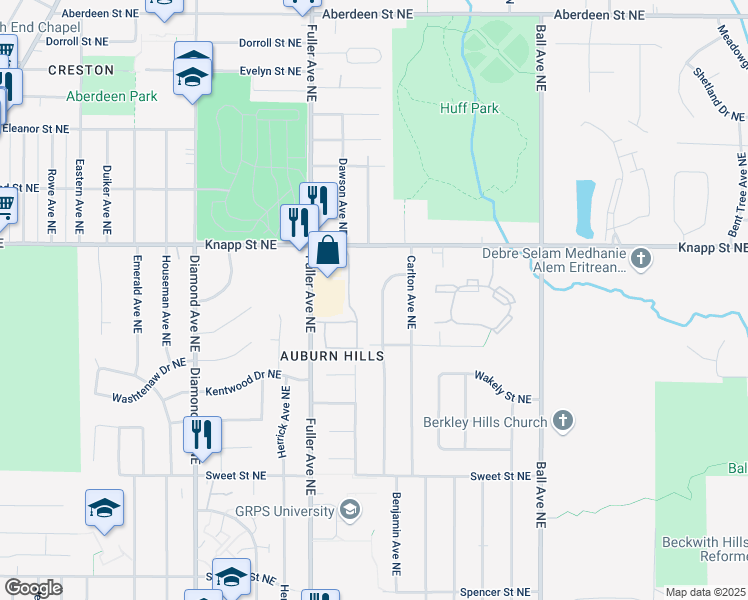 map of restaurants, bars, coffee shops, grocery stores, and more near 1910 Benjamin Avenue Northeast in Grand Rapids
