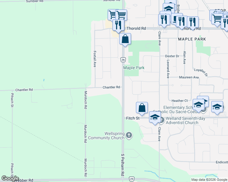 map of restaurants, bars, coffee shops, grocery stores, and more near 27 Chantler Road in Welland