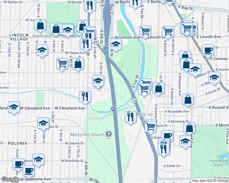 map of restaurants, bars, coffee shops, grocery stores, and more near 2690 South 4th Street in Milwaukee