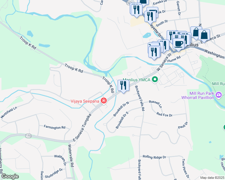 map of restaurants, bars, coffee shops, grocery stores, and more near 4666 Troop K Road in Manlius
