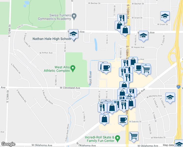 map of restaurants, bars, coffee shops, grocery stores, and more near 11300 West Cleveland Avenue in West Allis