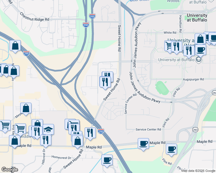 map of restaurants, bars, coffee shops, grocery stores, and more near 1300 Sweet Home Road in Buffalo