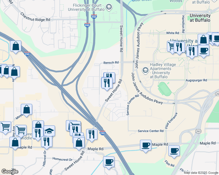 map of restaurants, bars, coffee shops, grocery stores, and more near 1300 Sweet Home Road in Buffalo
