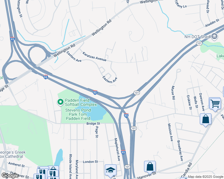 map of restaurants, bars, coffee shops, grocery stores, and more near 155 Eastern Avenue in Manchester