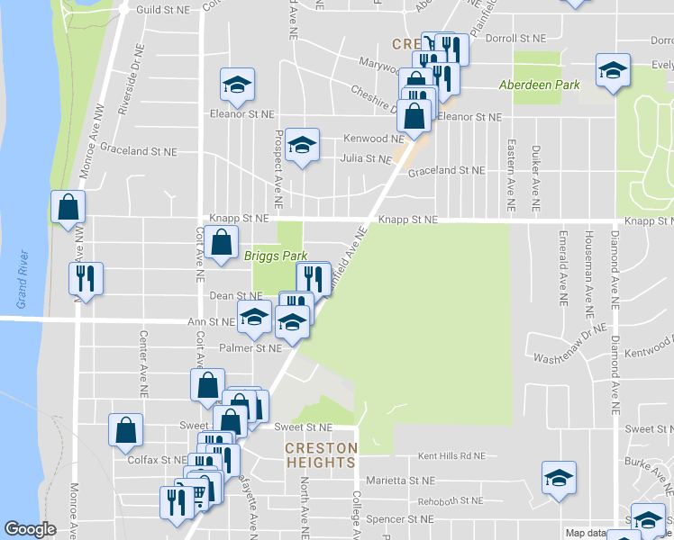 map of restaurants, bars, coffee shops, grocery stores, and more near 1865 Plainfield Avenue Northeast in Grand Rapids