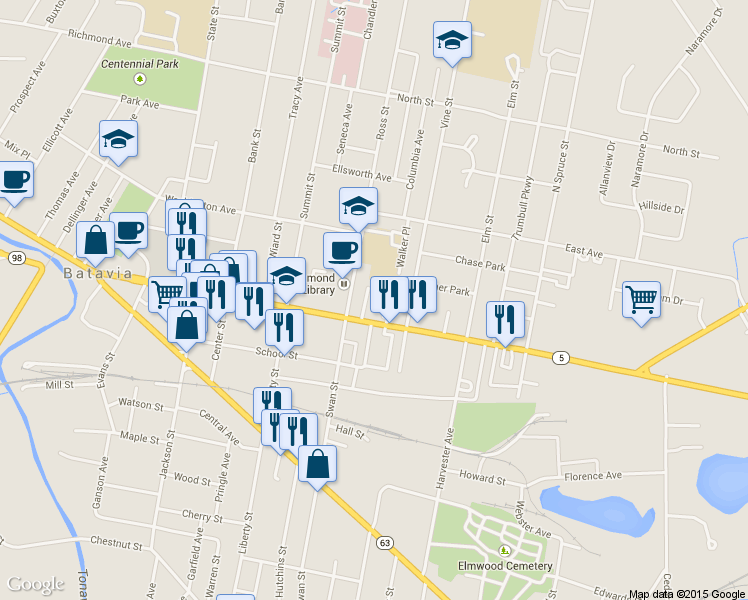 map of restaurants, bars, coffee shops, grocery stores, and more near 405 E Main St in Batavia