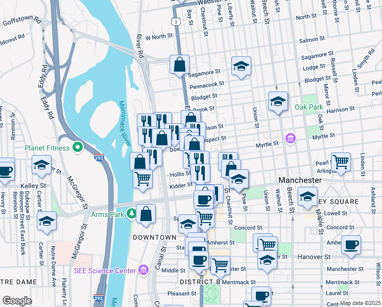 map of restaurants, bars, coffee shops, grocery stores, and more near 1354 Elm Street in Manchester