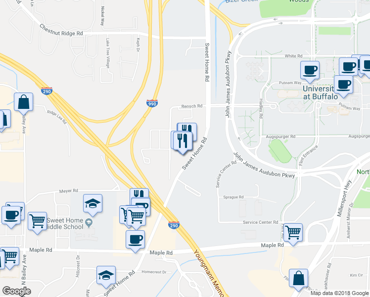 map of restaurants, bars, coffee shops, grocery stores, and more near 3925 Rensch Road in Buffalo