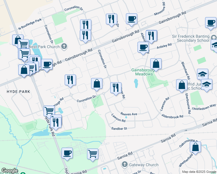 map of restaurants, bars, coffee shops, grocery stores, and more near 1377 Coronation Drive in London