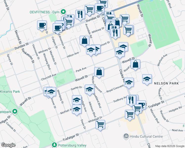 map of restaurants, bars, coffee shops, grocery stores, and more near Wavell Street in London