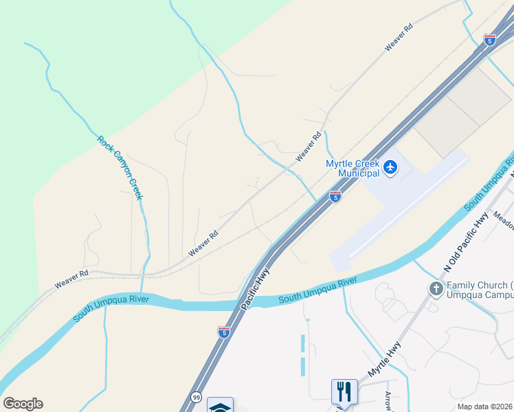 map of restaurants, bars, coffee shops, grocery stores, and more near 1311 Weaver Road in Myrtle Creek